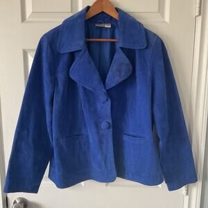 Chicos Blazer Jacket Womens Medium Blue Leather Suede Long Sleeve Collared